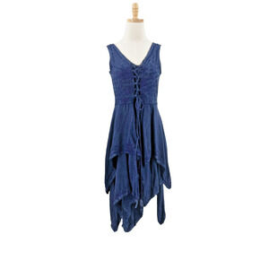 Flower Embroidered Handkerchief Mini Dress OS Fairycore Renaissance Goblin Blue